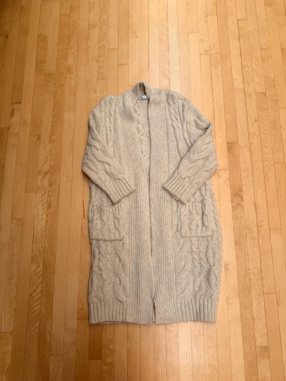 ZARA Cozy Cable Knit Long Open Cardigan Sweater - Cream